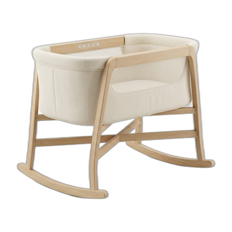 Lori Crib: an AI-powered wooden crib with automatic soothing, shown with the parent app