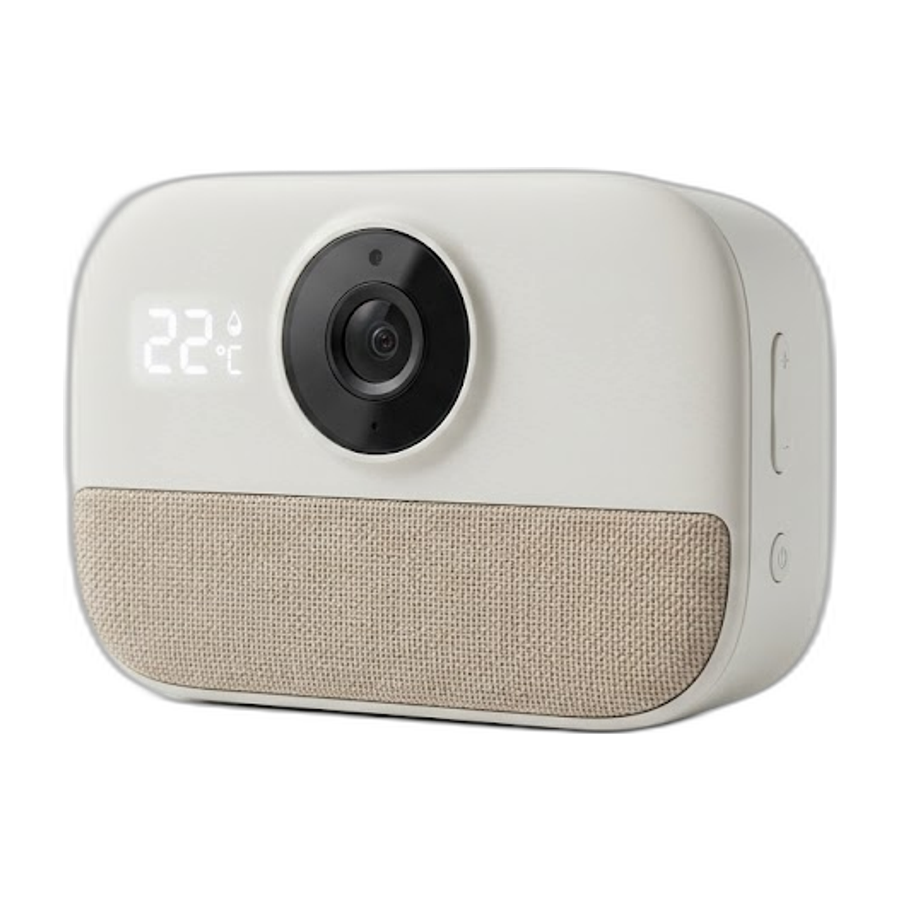 Lori AI baby monitor: a compact white smart monitor with a camera lens, temperature display and woven-fabric speaker