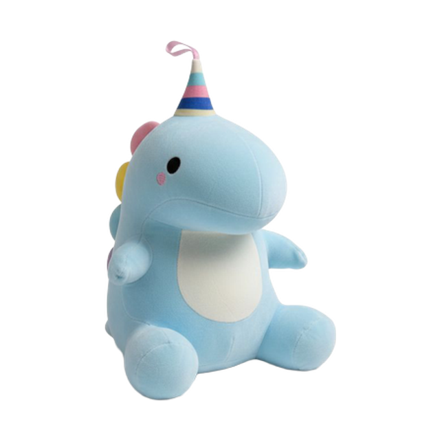 A second Lumi, the blue dinosaur plush in a party hat